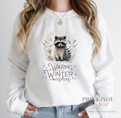 Ladies Christmas Jumper, Ladies White Festive Sweatshirt, Raccoon Warm Winter Wishes - 8