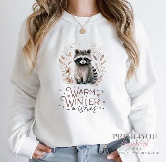 Ladies white sweatshirt with a personalised raccoon Christmas design and custom name printed on the front