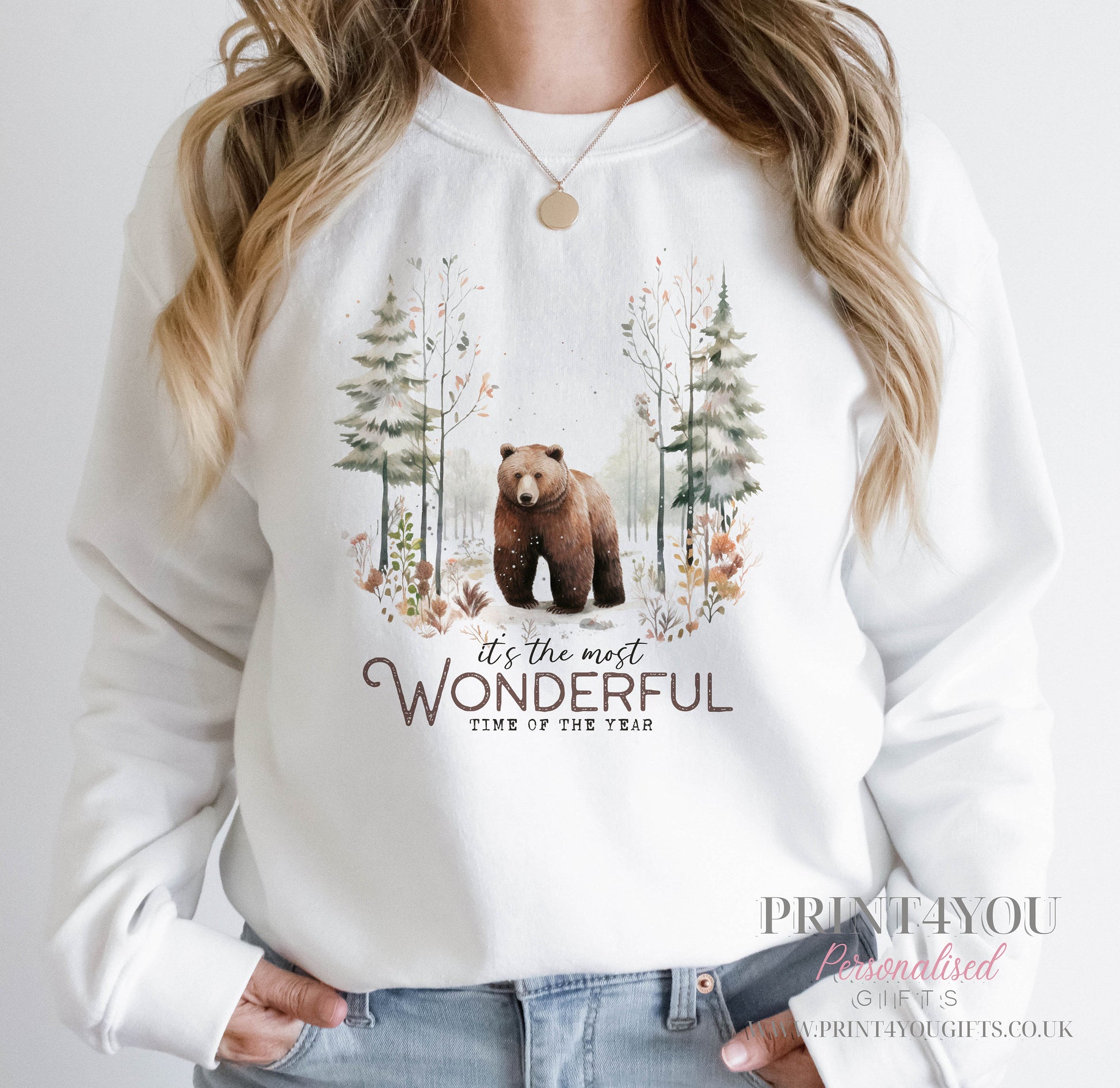 Ladies Christmas Jumper, Ladies White Festive Sweatshirt, Bear Wonderful Time of the Year - 8