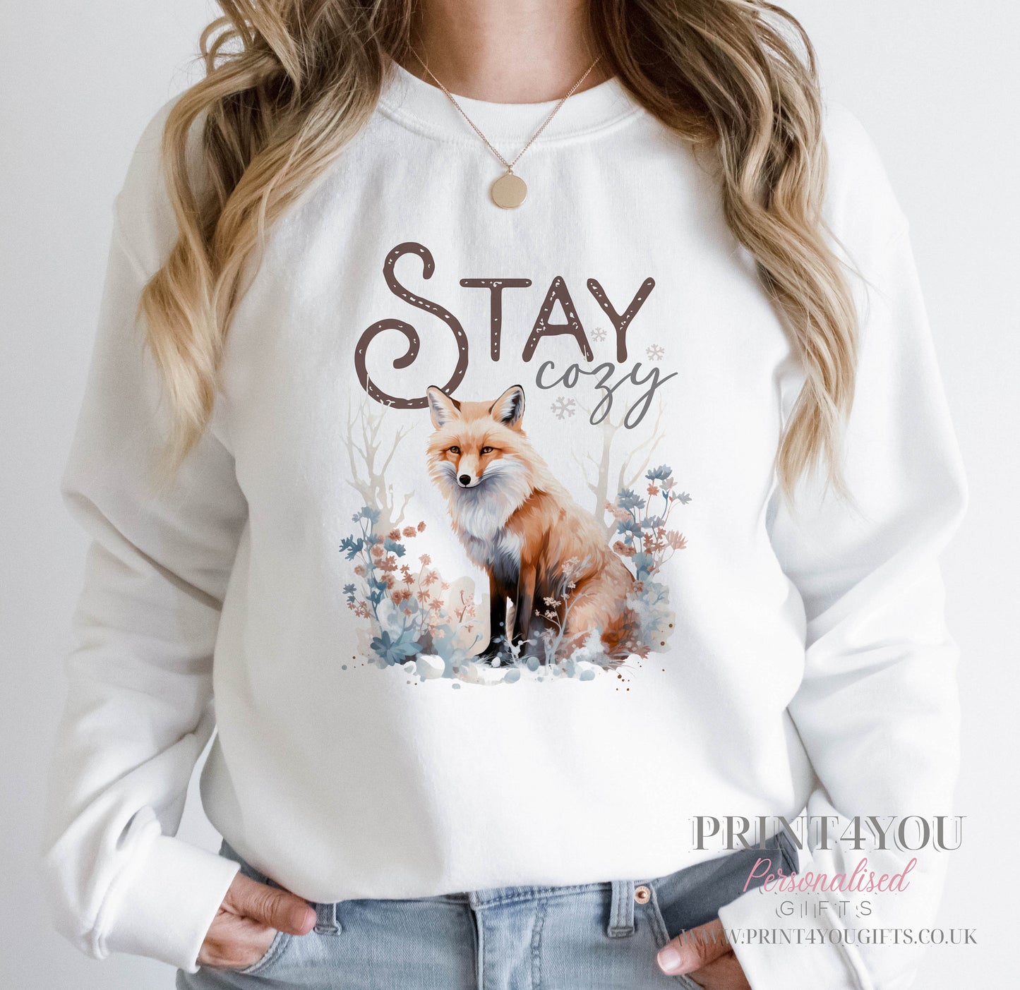 Ladies Christmas Jumper, Ladies White Festive Sweatshirt, Woodland Fox Stay Cozy - 8