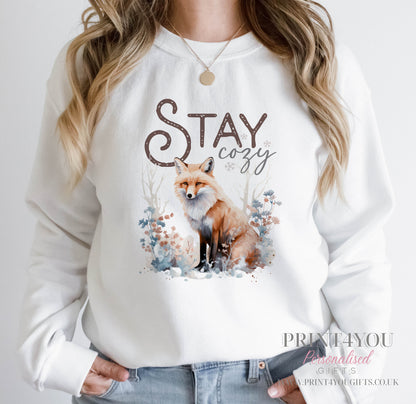 Ladies Christmas Jumper, Ladies White Festive Sweatshirt, Woodland Fox Stay Cozy - 8