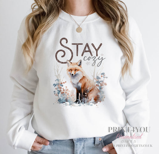 Personalised white ladies Christmas jumper with woodland fox design, size 8