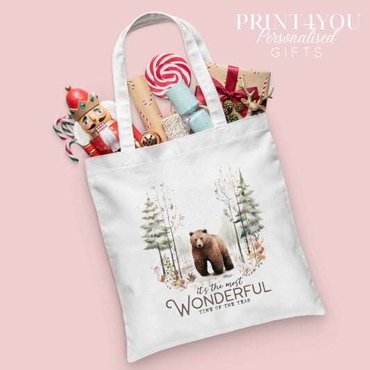 Personalised Woodland Bear Christmas Tote Bag – Cotton Shopper