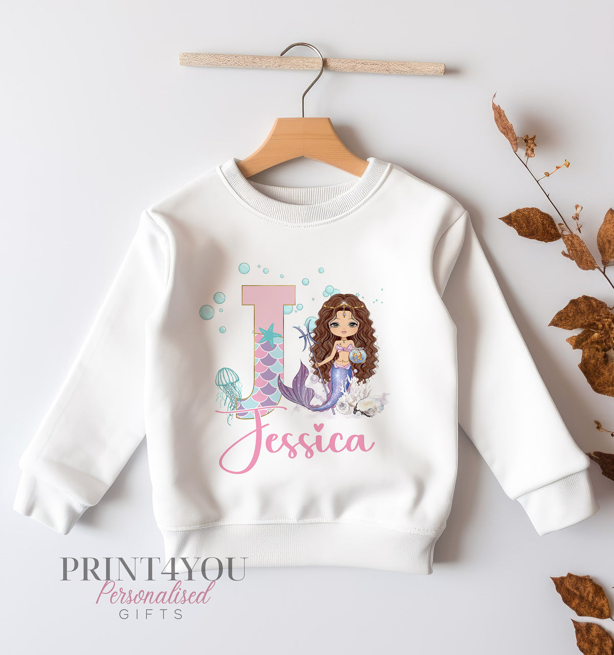 White cotton sweatshirt for babies personalised with a name and brunette mermaid print, size 6-12 months