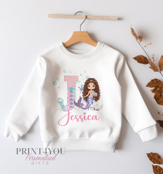 Personalised Sweatshirt Jumper For Children. White Cotton Sweatshirt – Printed Brunette mermaid and name - 6-12 months