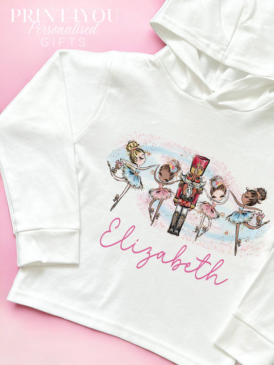 Christmas T – shirt with hood – personalised cotton jersey top, Lightweight long – sleeved tee, The Nutcracker Ballerinas - 6-12m