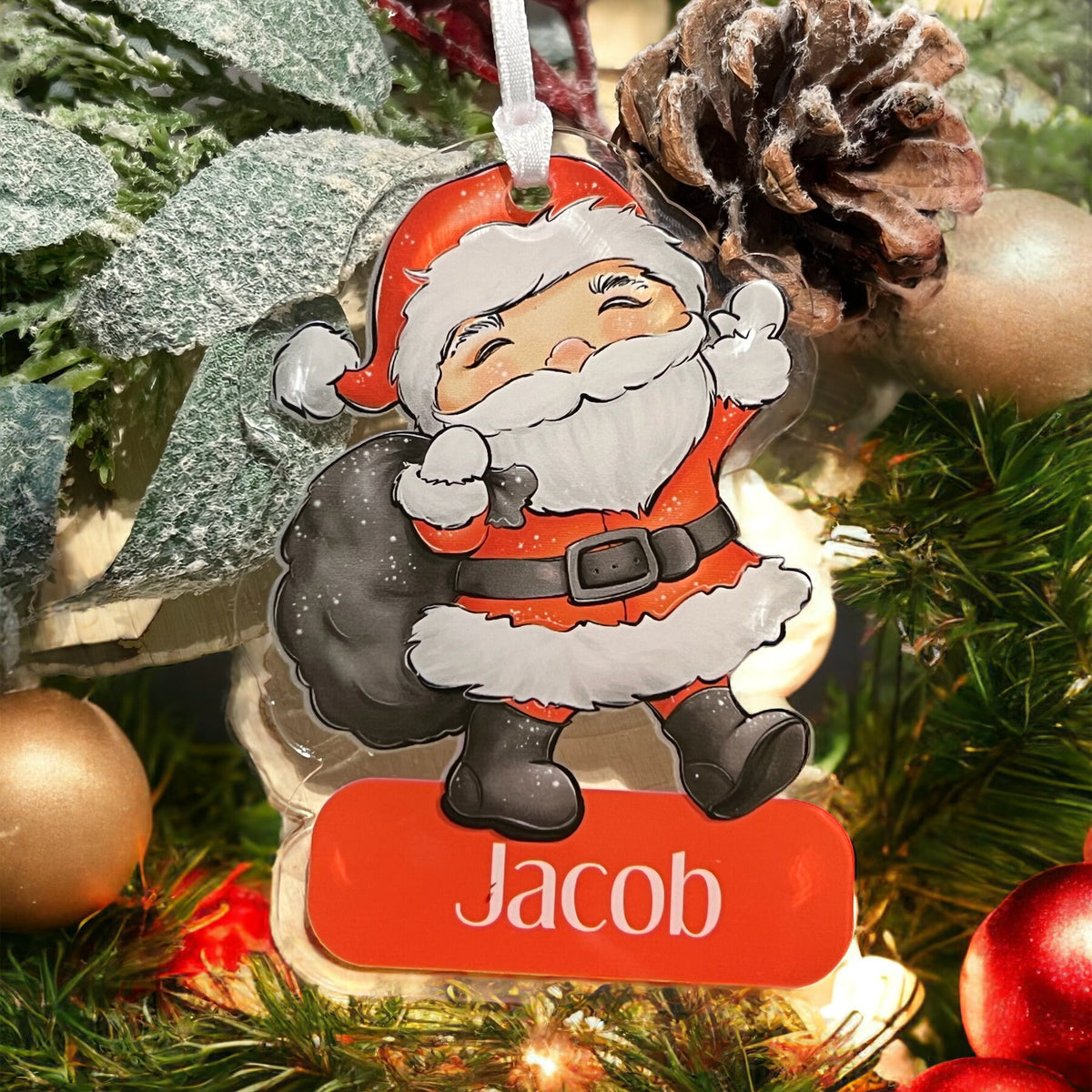 Personalised acrylic Father Christmas Santa Claus tree bauble with custom name, shown without gift box option