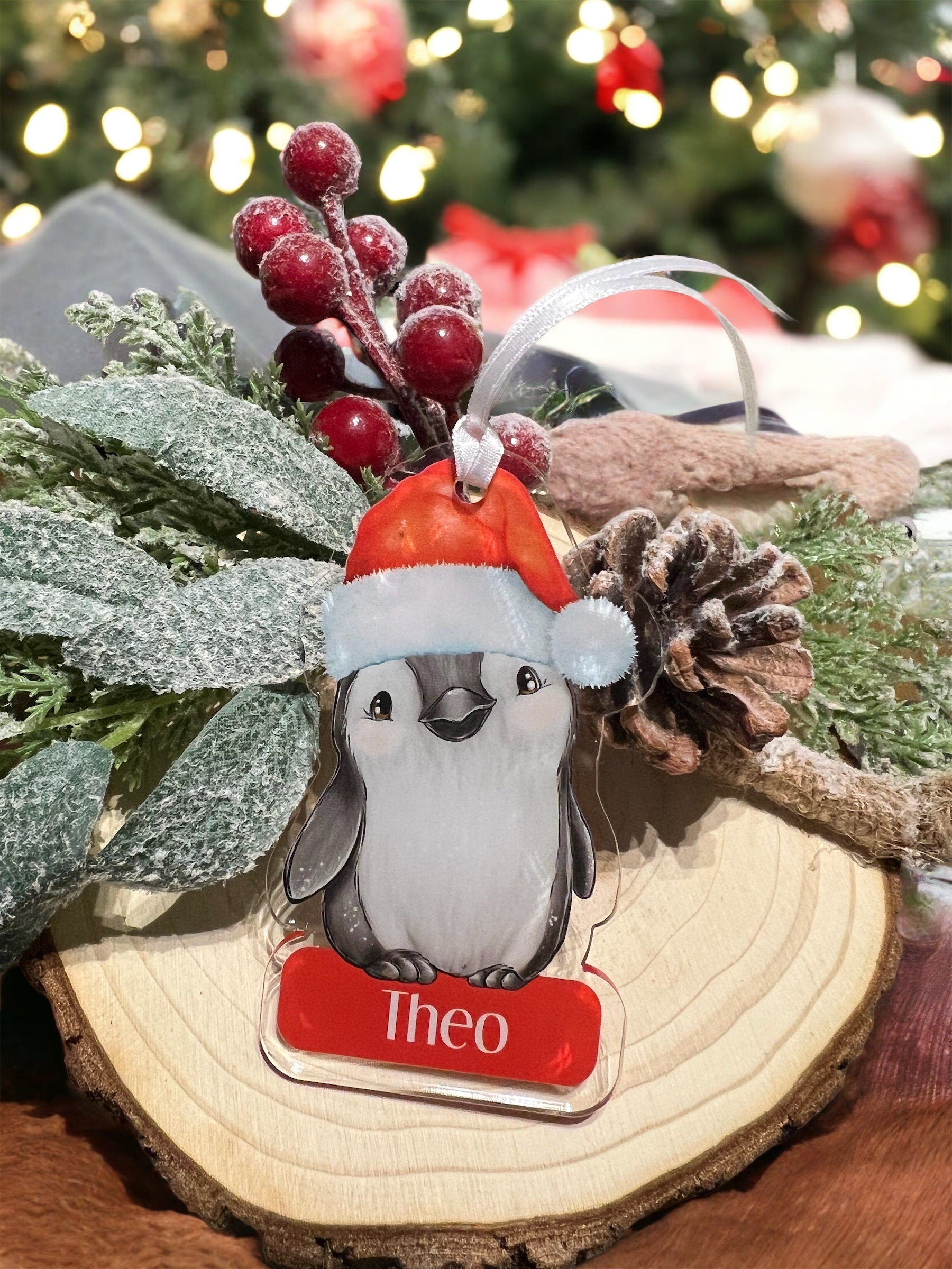 Christmas Penguin Personalised Tree bauble Decoration For Children, Kids Xmas Keepsake, babies First Xmas - No Thanks