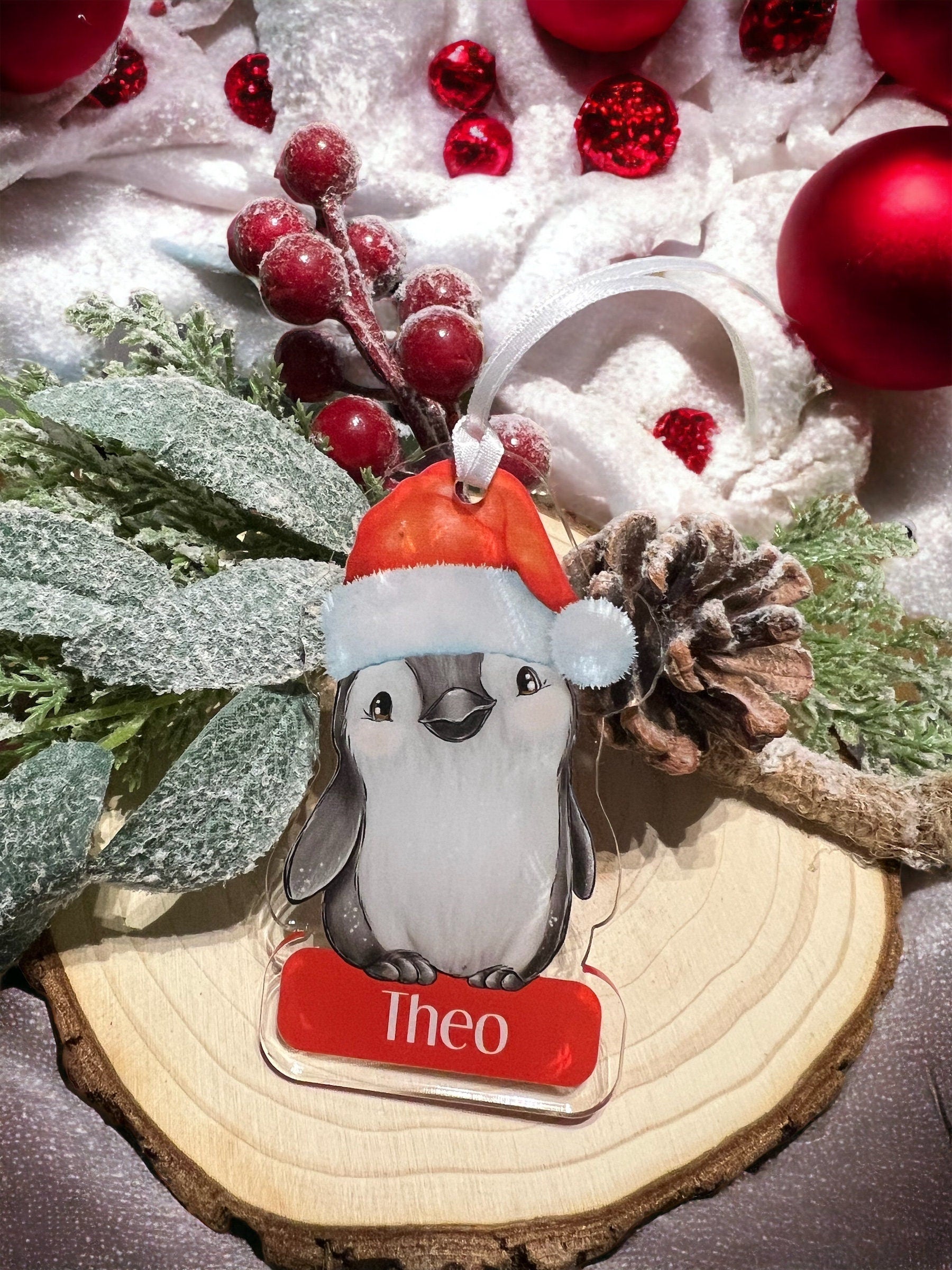 Christmas Penguin Personalised Tree bauble Decoration For Children, Kids Xmas Keepsake, babies First Xmas - Yes Please
