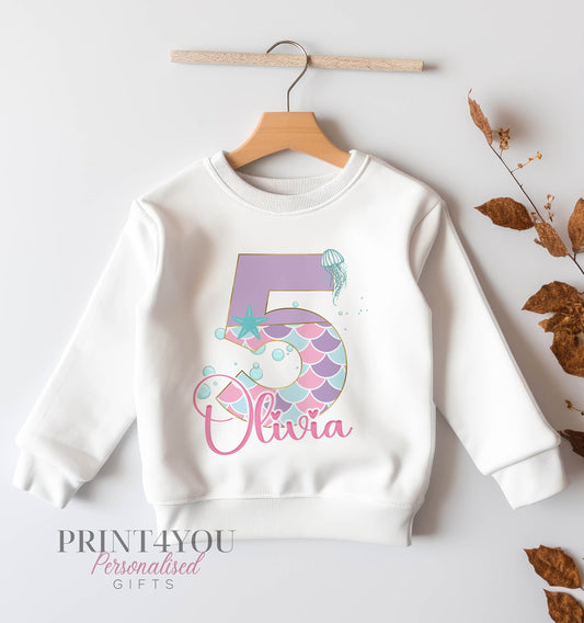 Personalised Birthday Age Sweatshirt Jumper For Children. Any Age, White Cotton Sweatshirt – Mermaid Number and name - 6-12 months