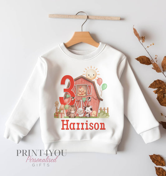 Personalised Birthday Age Sweatshirt Jumper For Children. Any Age, White Cotton Sweatshirt – Farm yard Animals Number and name - 6-12 months
