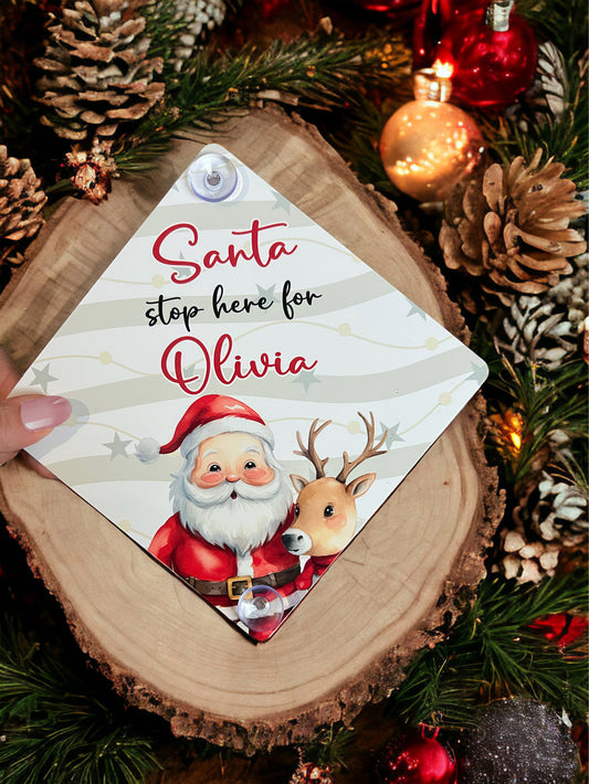 Personalised Santa Stop Here Sign, Aluminium Window Sign with suckers, Father Christmas and Reindeer - Yes
