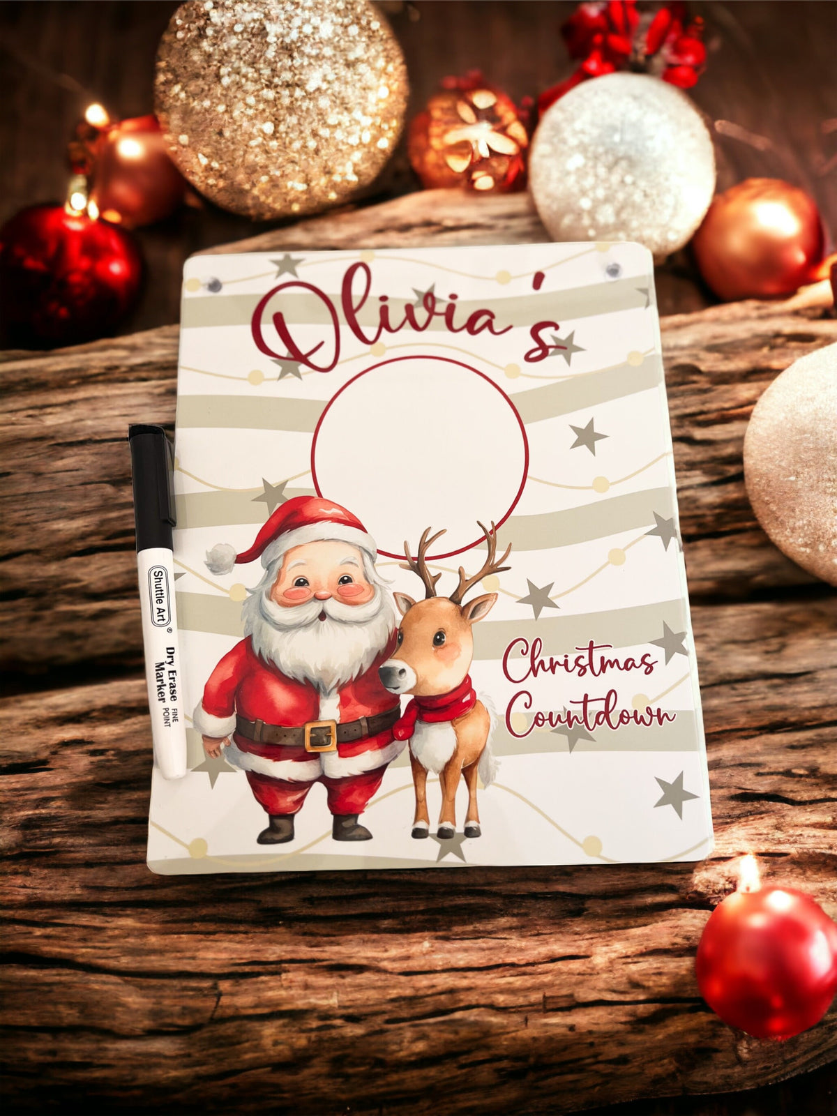 Personalised Santa and reindeer Christmas countdown board shown with included pen