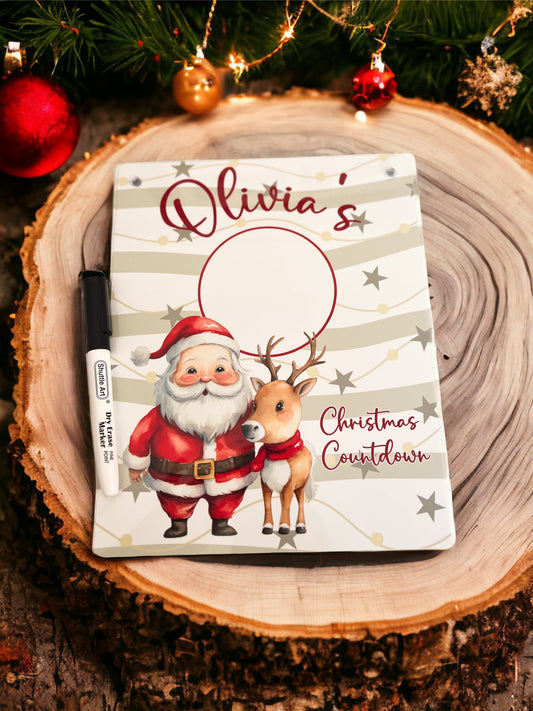 Personalised Aluminium Christmas Countdown – Santa Claus and Reindeer Graphic – Wipeable