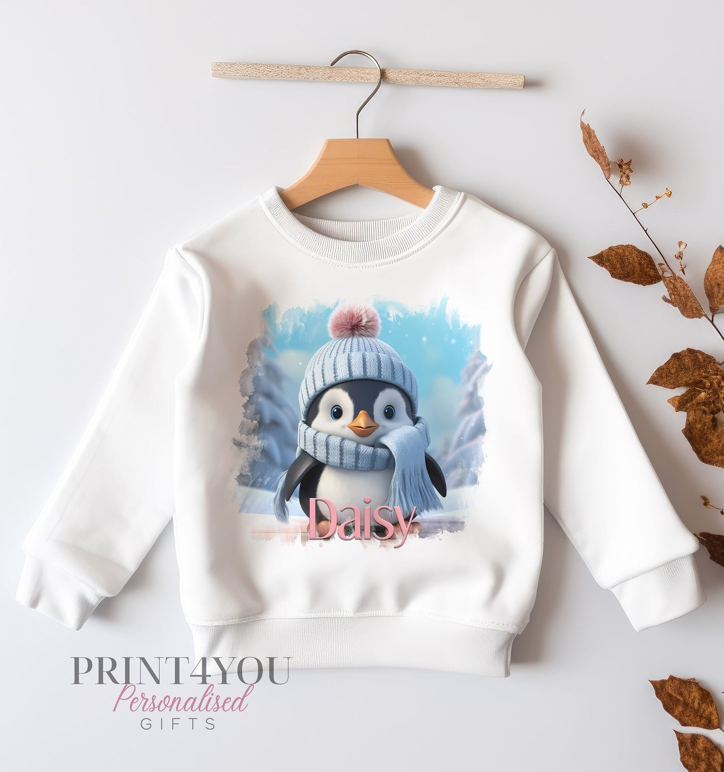 Personalised Christmas Jumper For Children. White Cotton Sweatshirt – Cute Winter Penguin Graphics - 6-12 months