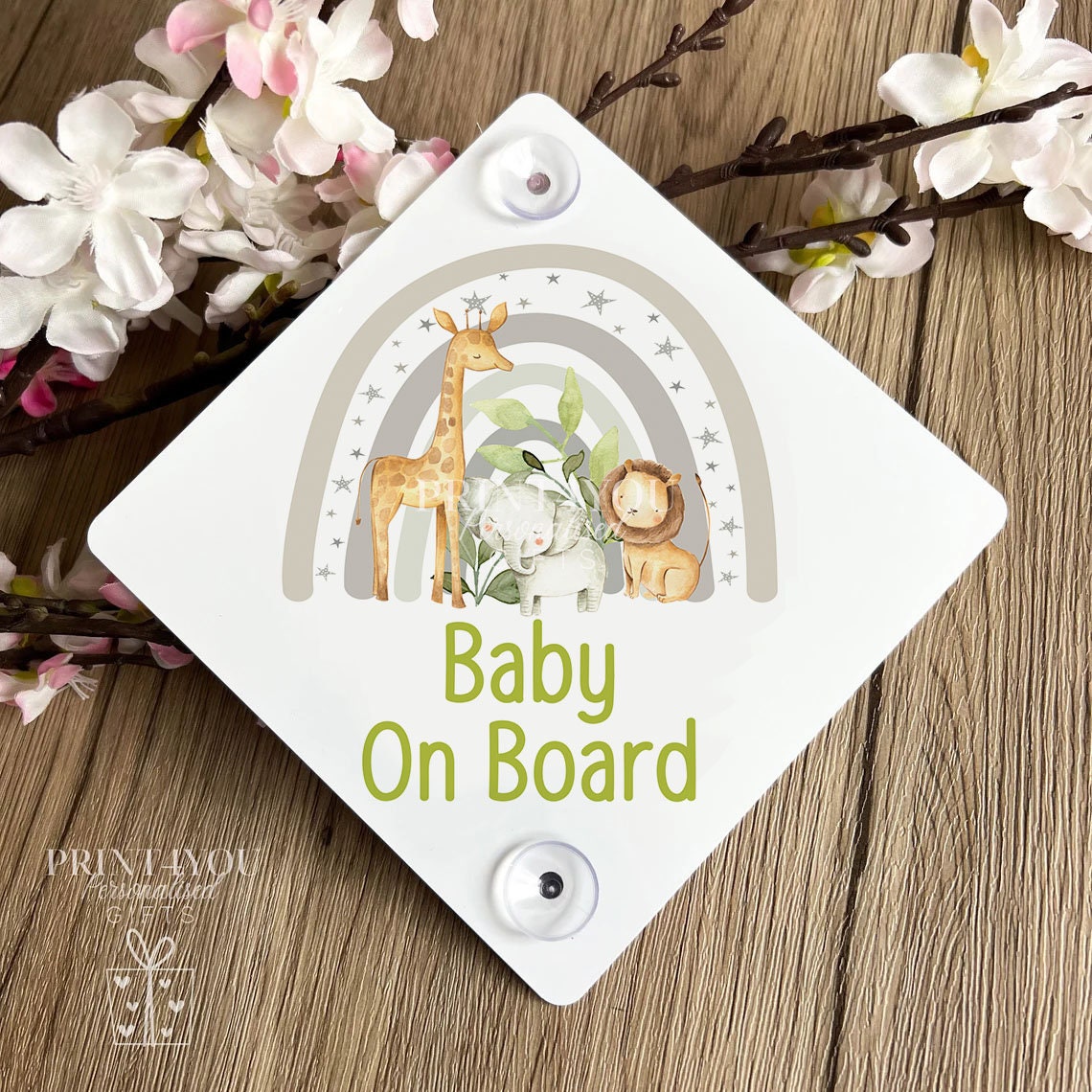 Baby on Board aluminium car window safety sign with suction cups attached to a car window, grey safari rainbow design – Print4You Personalised Gifts
