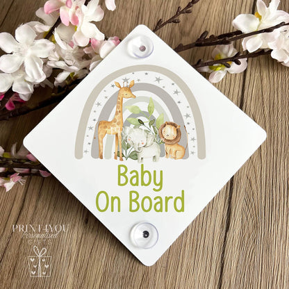 Baby on Board aluminium car window safety sign with suction cups attached to a car window, grey safari rainbow design – Print4You Personalised Gifts