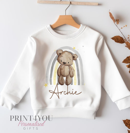 Personalised Sweatshirt Jumper For Children. White Cotton Sweatshirt – brown Teddy bear and Rainbow with name - 6-12 months
