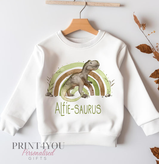 Personalised Sweatshirt Jumper For Children. White Cotton Sweatshirt – Dinosaur Rainbow and name - 6-12 months