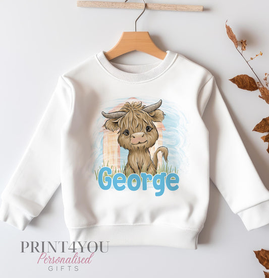 Personalised Sweatshirt Jumper For Children. White Cotton Sweatshirt – Highland Cow Buffallo and name - 6-12 months