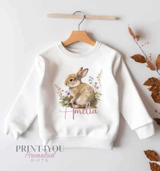 Personalised Sweatshirt Jumper For Children. White Cotton Sweatshirt – Printed Bunny Rabbit and Flowers and name - 6-12 months