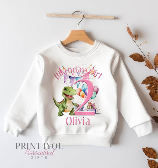 Personalised Birthday Age Sweatshirt Jumper For Children. Any Age, White Cotton Sweatshirt – Girls Pink Dinosaur Party Number and name - 6-12 months