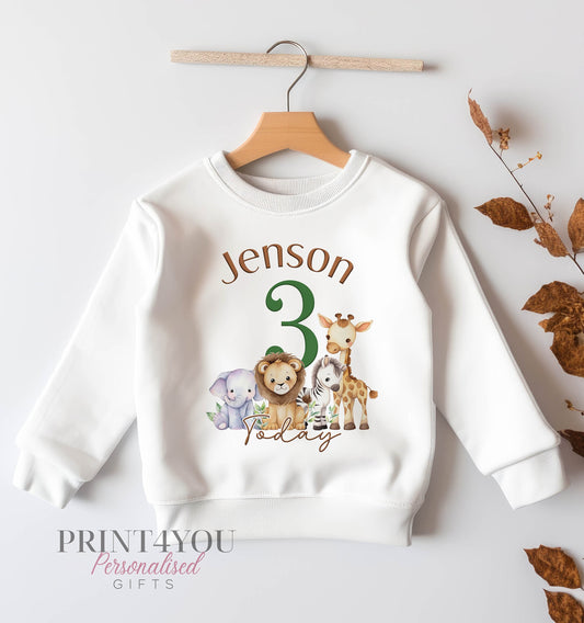 Personalised Birthday Age Sweatshirt Jumper For Children. Any Age, White Cotton Sweatshirt – Safari Animals Number and name - 6-12 months