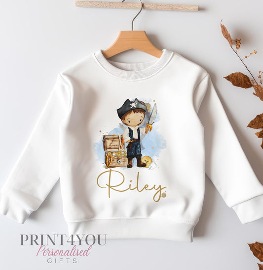 Personalised Sweatshirt Jumper For Children. White Cotton Sweatshirt – Pirate Boy and name - 6-12 months