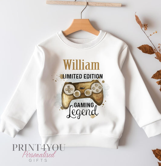 Personalised Sweatshirt Jumper For Children. White Cotton Sweatshirt – Gold Gaming Controller and name - 6-12 months