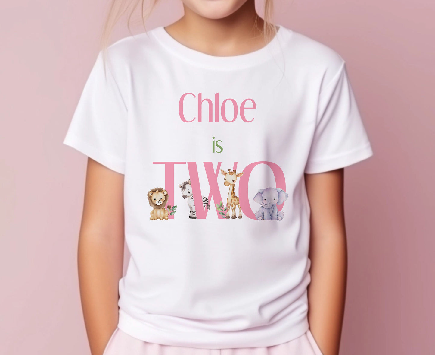 Personalised pink safari 'I Am Two' birthday t-shirt in white cotton, 1-2 years – Print4You Personalised Gifts