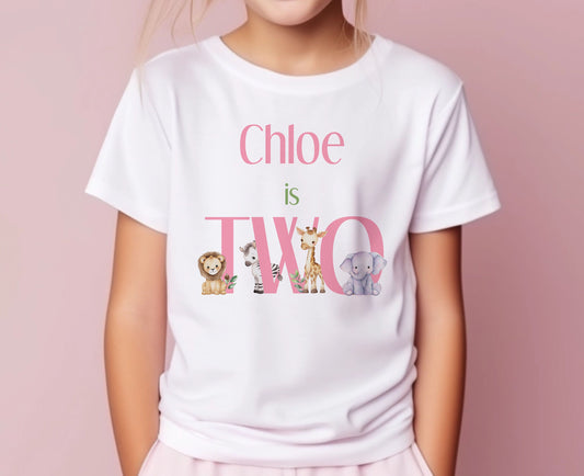 Personalised pink safari 'I Am Two' birthday t-shirt in white cotton, 1-2 years – Print4You Personalised Gifts