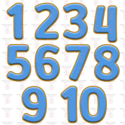 Chart of the blue printed number design style shown in numerals 1 to 10 with gold outline