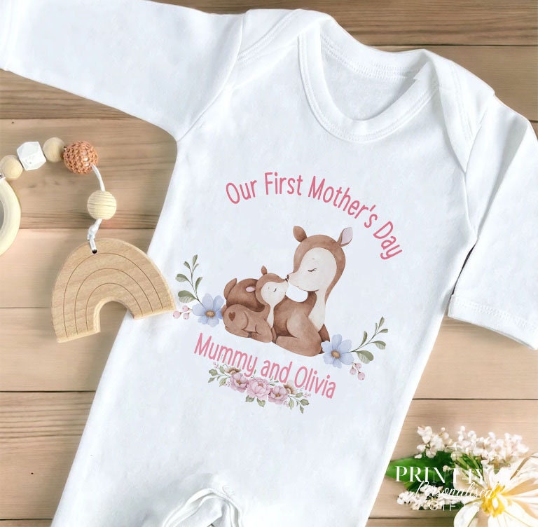 Personalised first Mother's Day baby vest with custom wording printed on the front.