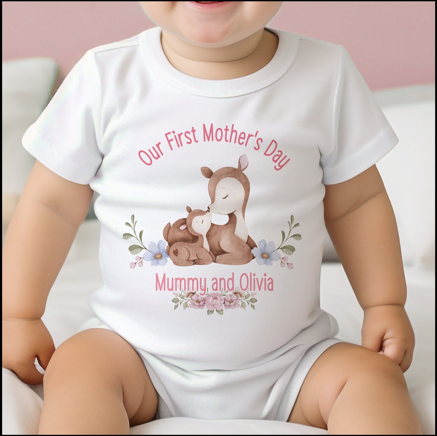 Personalised first Mother's Day bib in soft white cotton.