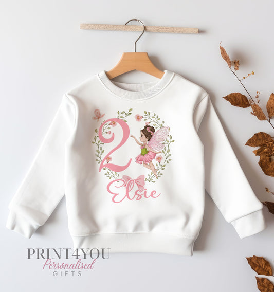 Personalised Sweatshirt Jumper For Children. White Cotton Sweatshirt – Fairy Birthday Wreath (any age) and name First Second birthday - 6-12 months