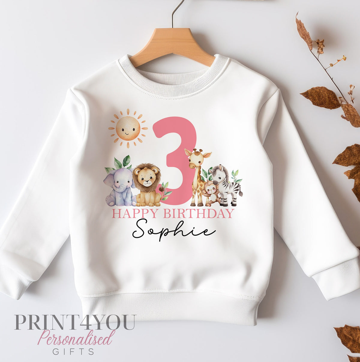 Personalised Third Birthday Jumper, Birthday Sweatshirt for Children, I am three, Jungle Safari Jumper 3 Pink - 6-12m