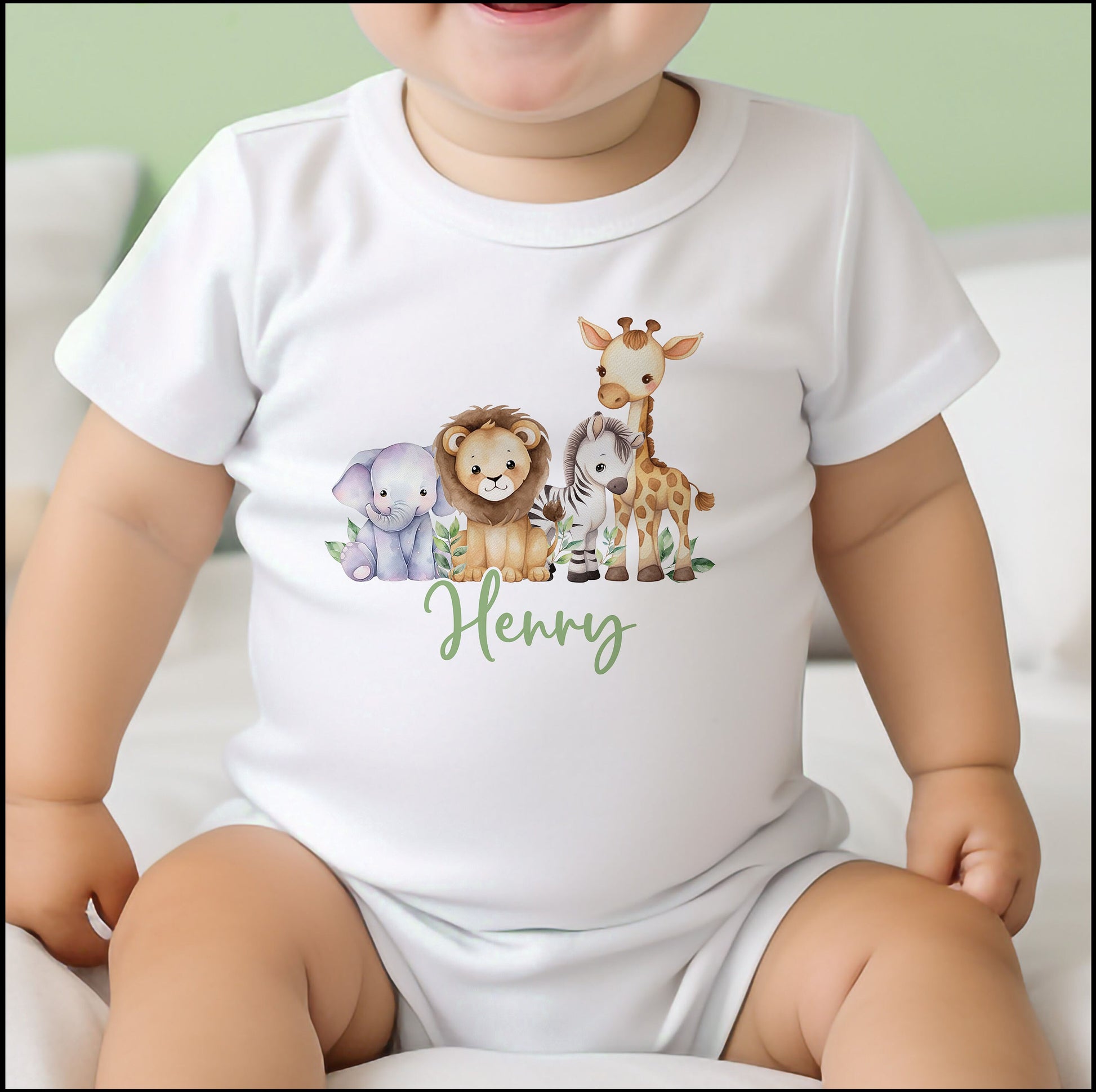 Personalised safari baby sleepsuit for newborn, printed with jungle animals and name