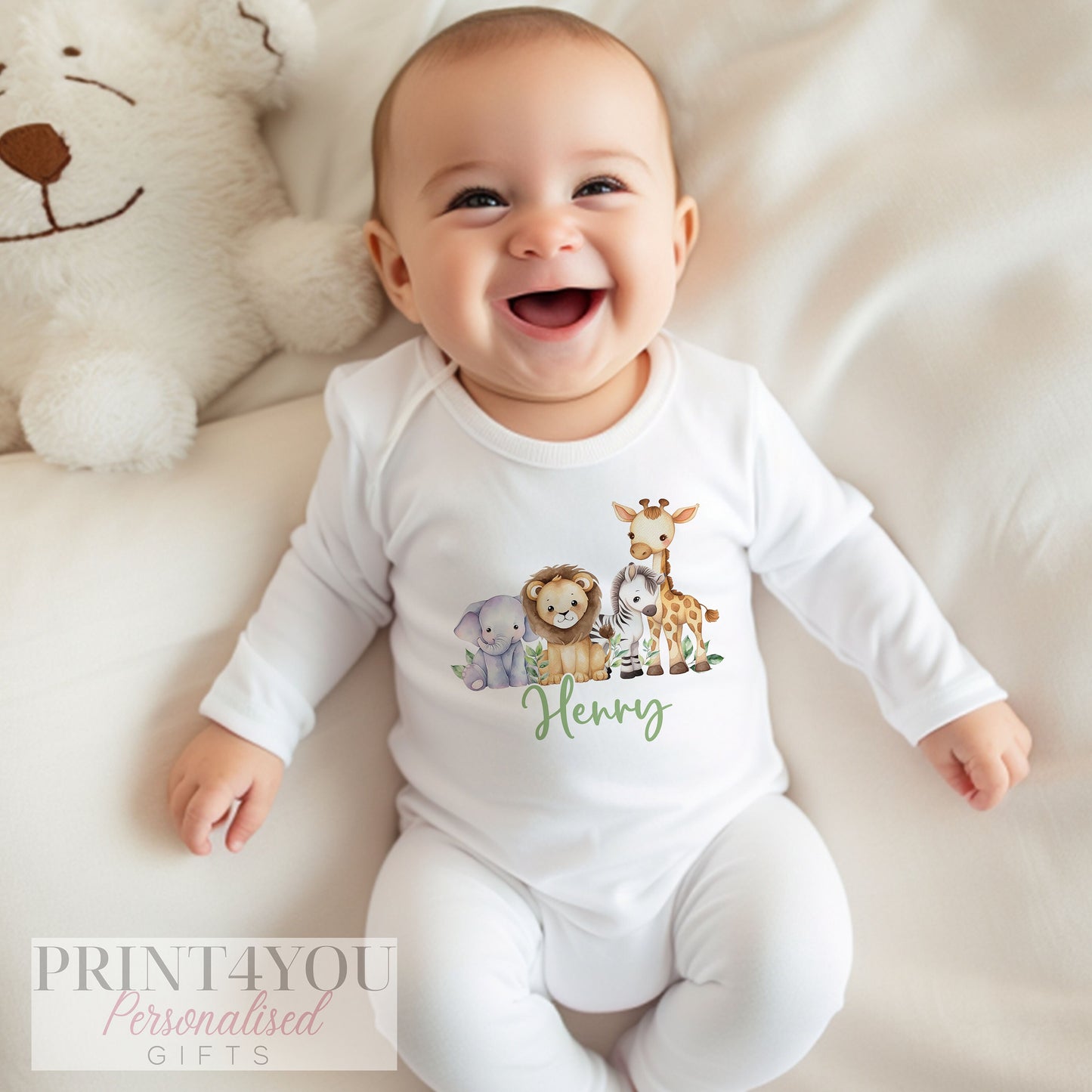 Personalised safari baby vest in soft white cotton with jungle animal print