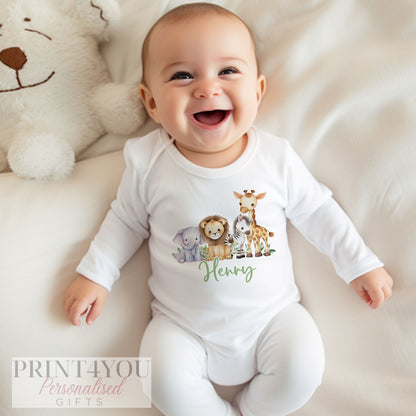 Personalised safari baby vest in soft white cotton with jungle animal print
