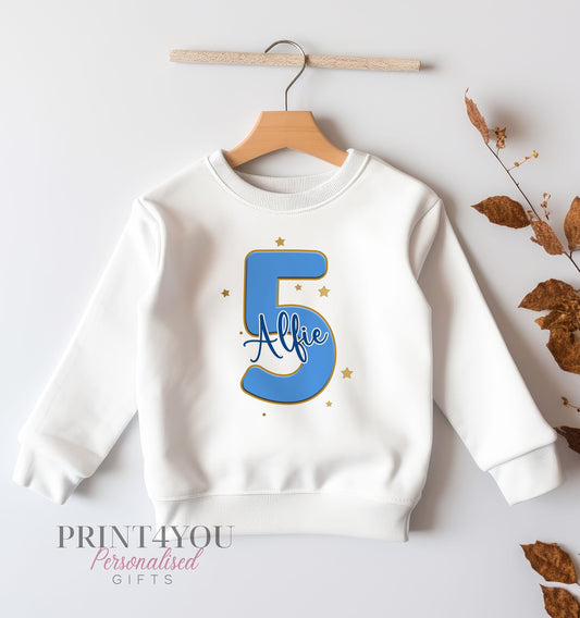 Personalised Sweatshirt Jumper For Children. White Cotton Sweatshirt – Printed Blue Number (any age) and name - 6-12 months