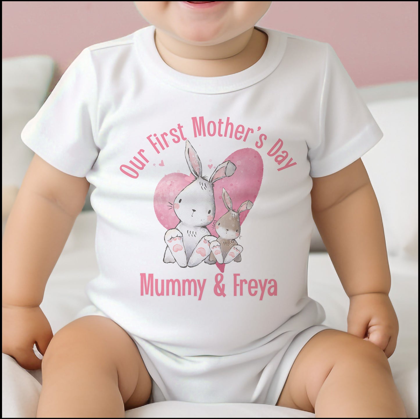 Personalised first Mother's Day baby bib in soft white cotton.