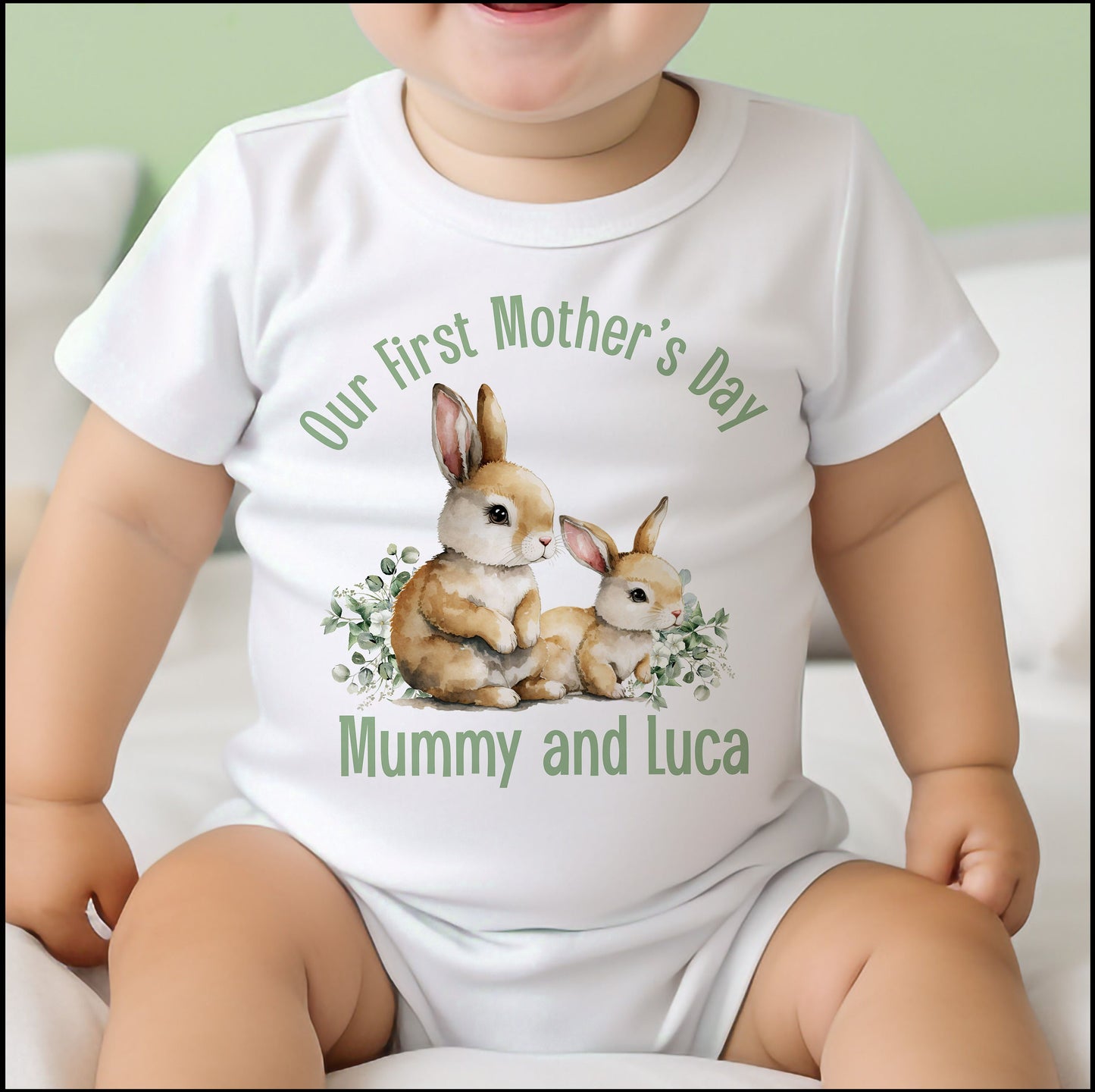 First Mother's Day personalised baby vest, printed with a custom name on soft cotton.