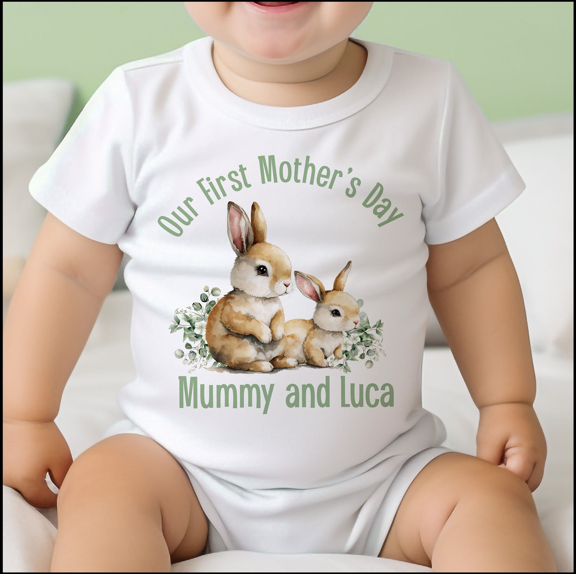 First Mother's Day personalised baby vest, printed with a custom name on soft cotton.