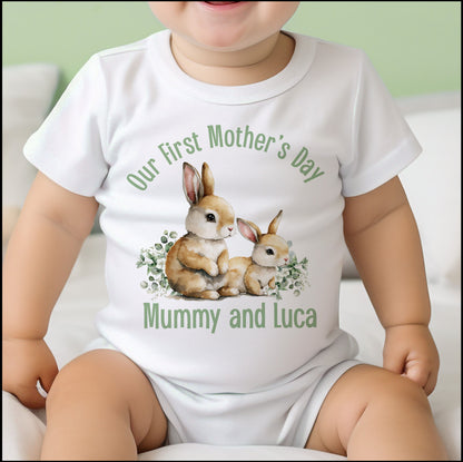 First Mother's Day personalised baby vest, printed with a custom name on soft cotton.
