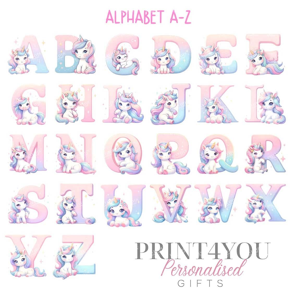 Personalised unicorn alphabet sweatshirt in white cotton, 1-2 years size – Print4You Personalised Gifts