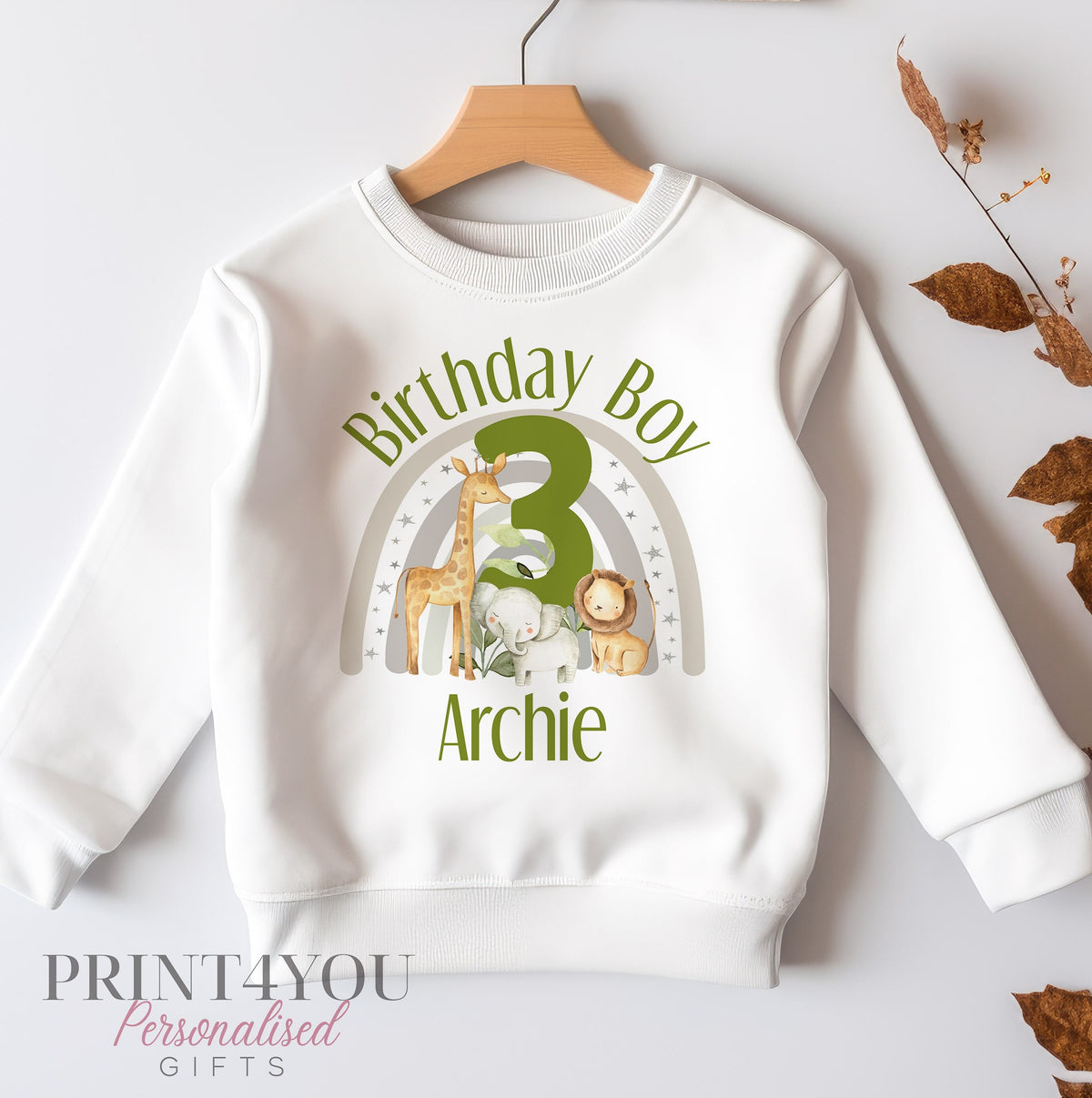 Personalised third birthday jumper in jungle safari rainbow design, size 6-12 months – Print4You Personalised Gifts