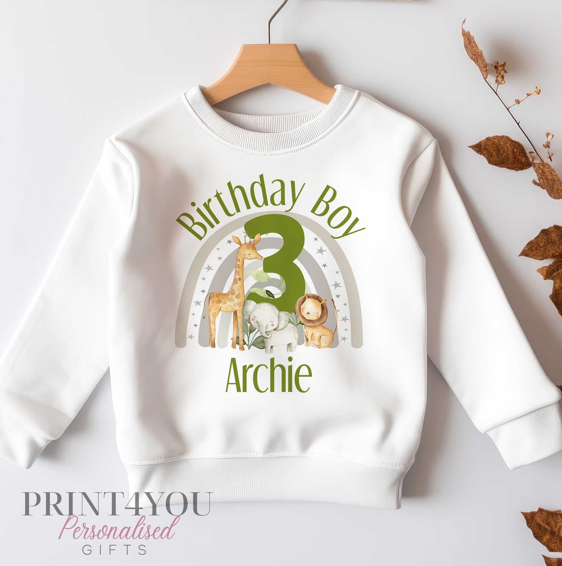 Personalised third birthday jumper in jungle safari rainbow design, size 6-12 months – Print4You Personalised Gifts