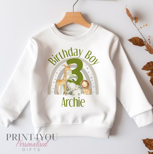 Personalised Third Birthday Jumper, Birthday Sweatshirt for Children, I am three, Jungle Safari Rainbow Jumper 3 Green can do any age - 6-12m