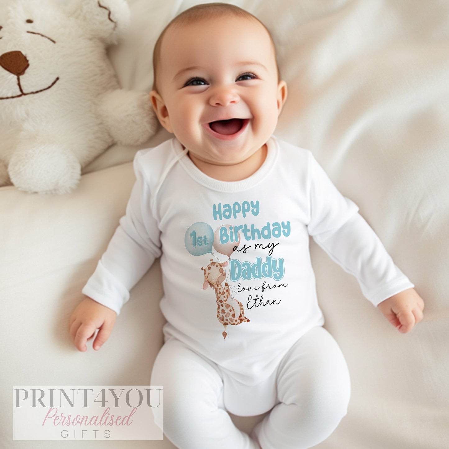 Personalised Happy Birthday Daddy baby outfit, lifestyle shot.