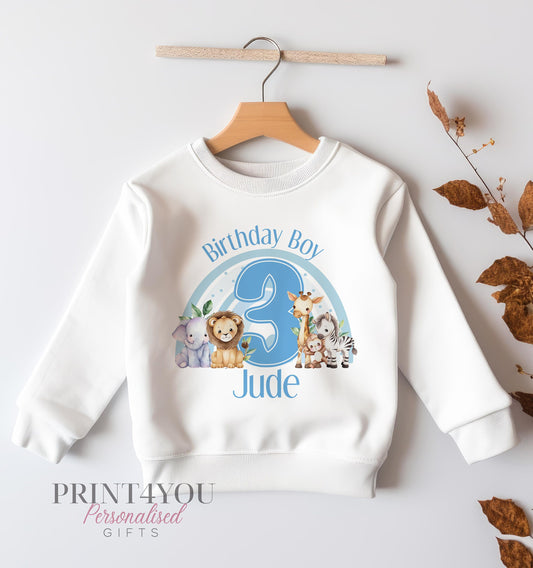Personalised Birthday Jumper ANY AGE, Birthday Sweatshirt for Children, I am Two, I am three, Jungle Safari Rainbow, Jumper Blue Number - 6-12m